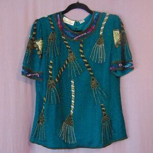 EUC VINTAGE LAURENCE KAZAR Teal Sequin Beaded Gold Silver Tassel Silk Shirt M